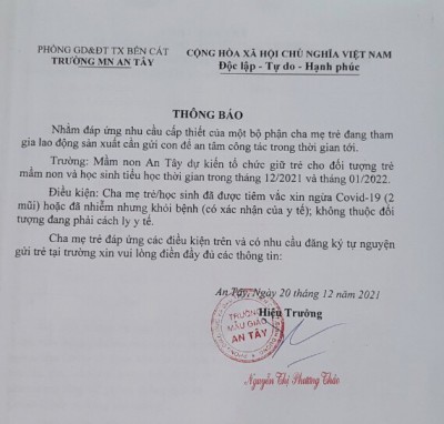 Thông báo đi học trong tháng 12 2021