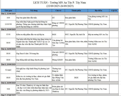 Lịch làm việc tuần từ 22/9-28/9/2025