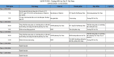 LỊCH LÀM VIỆC TUẦN TỪ 09/02-15/02/2026