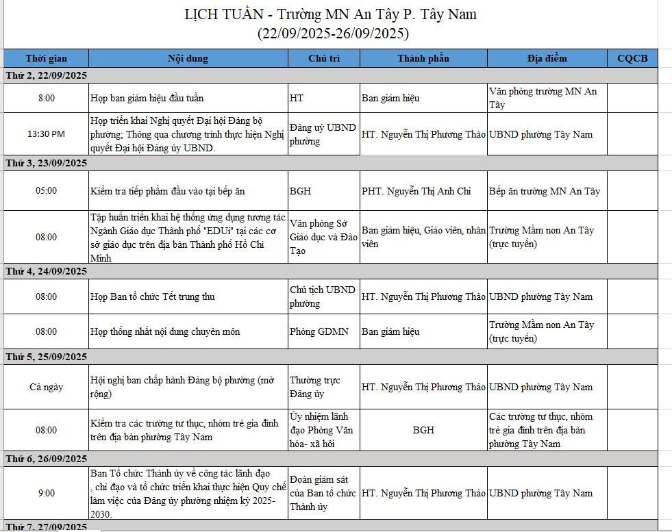 Lịch làm việc tuần từ 22/9-28/9/2025