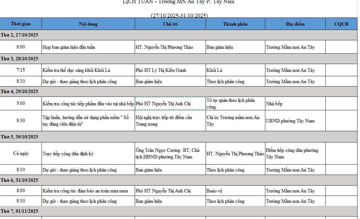 LỊCH LÀM VIỆC TỪ NGÀY 27/10/2025 - 02/11/2025