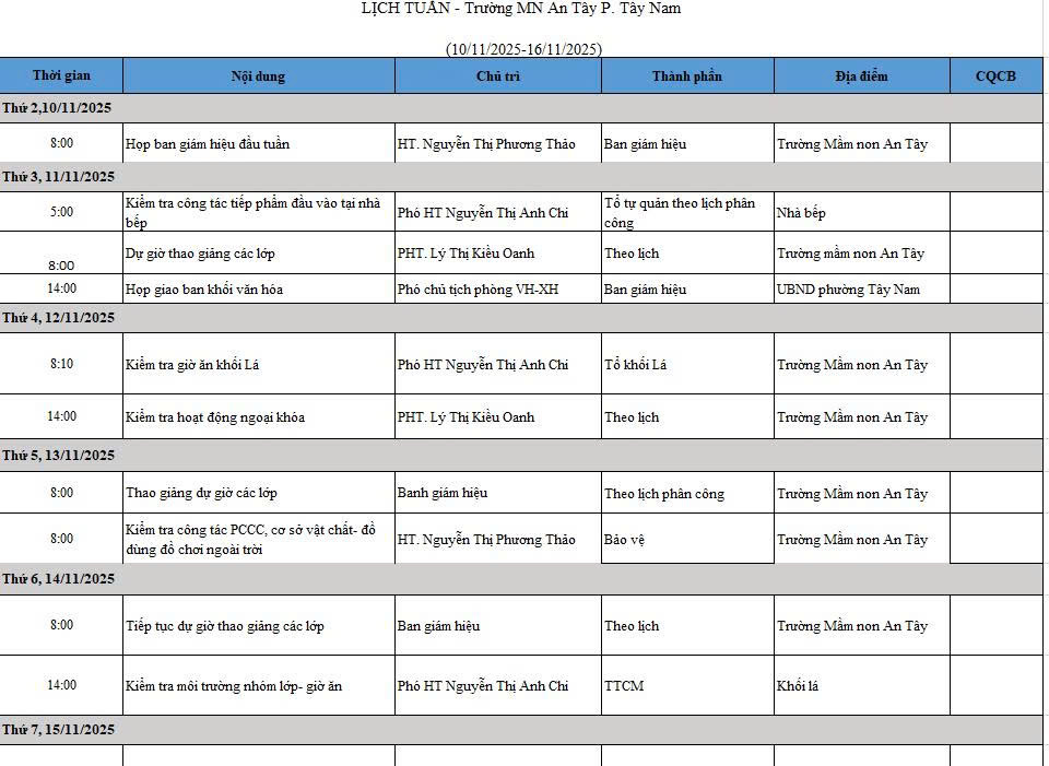 LỊCH LÀM VIỆC TỪ 10/11/2025- 16/11/2025