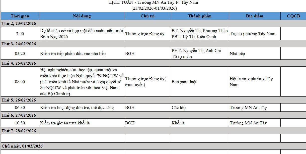 LỊCH LÀM VIỆC TỪ NGÀY 23/02/2026-01/03/2026