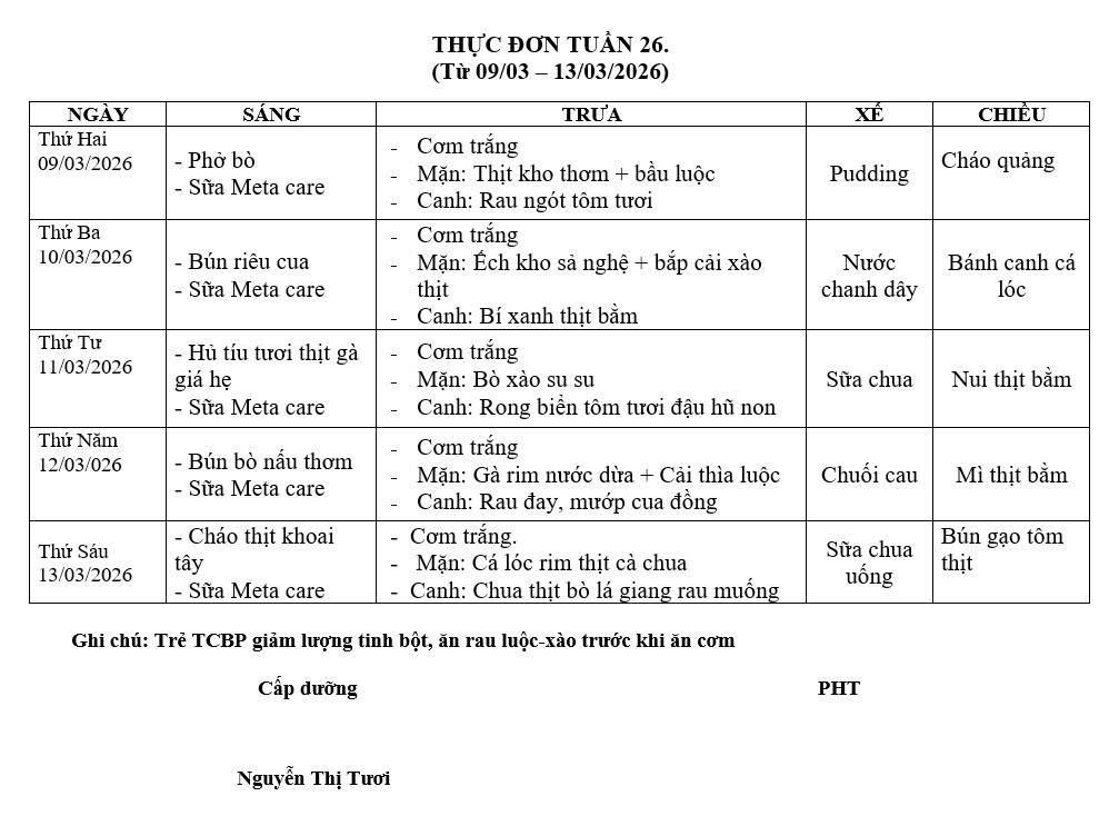 THỰC ĐƠN TUẦN 26