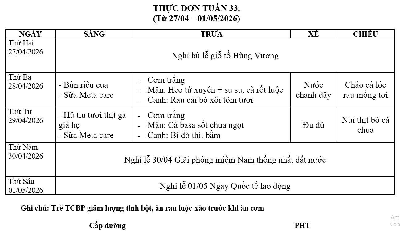 Thực đơn tuần 33
