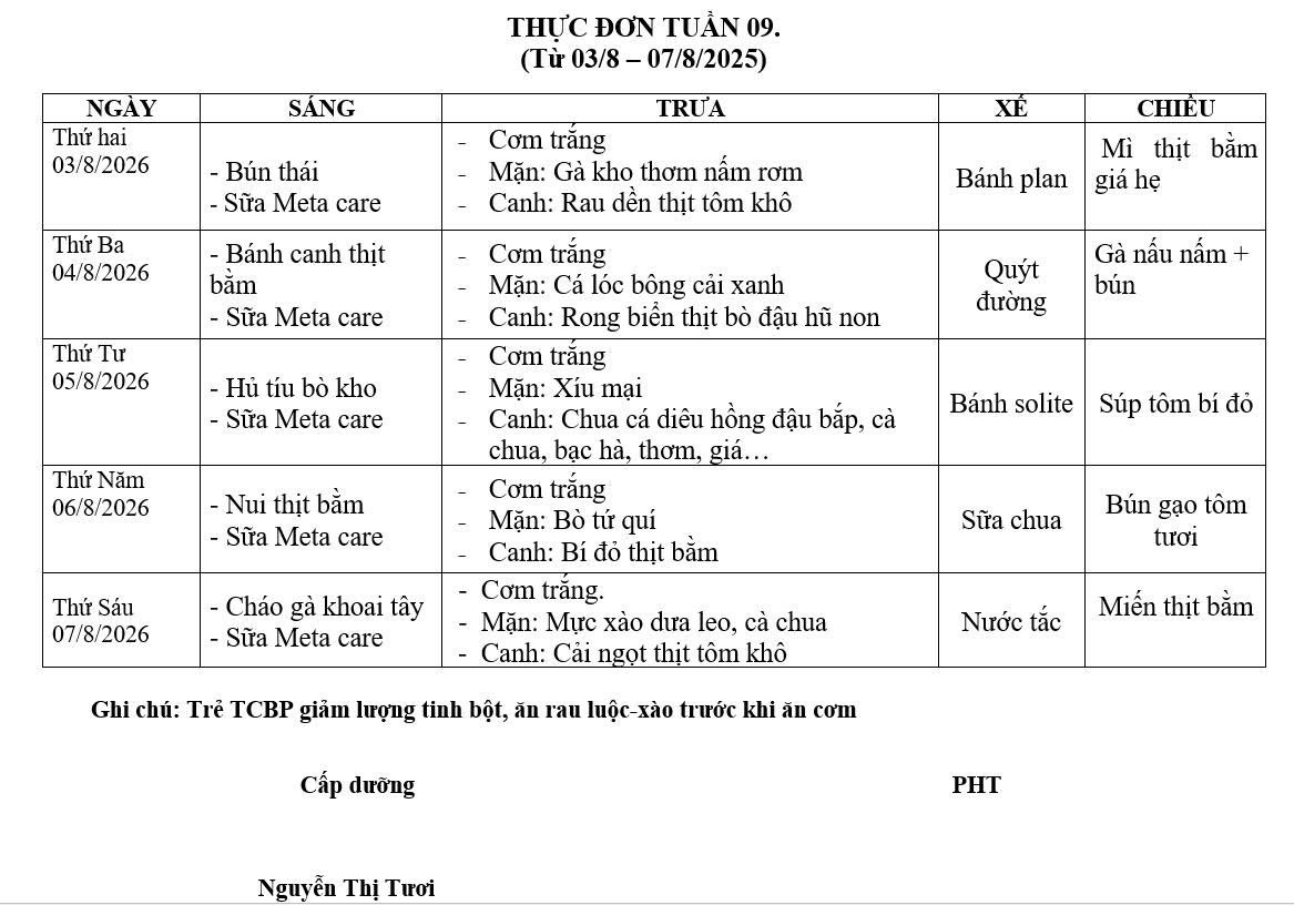 THỰC ĐƠN HÈ TUẦN 9