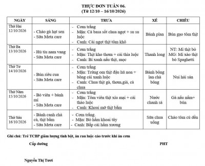 Thực đơn tuần 6 từ ngày 12/10- 16/10/2026
