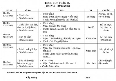 THỰC ĐƠN TUẦN 7 TỪ NGÀY 19/10-23/10/2026